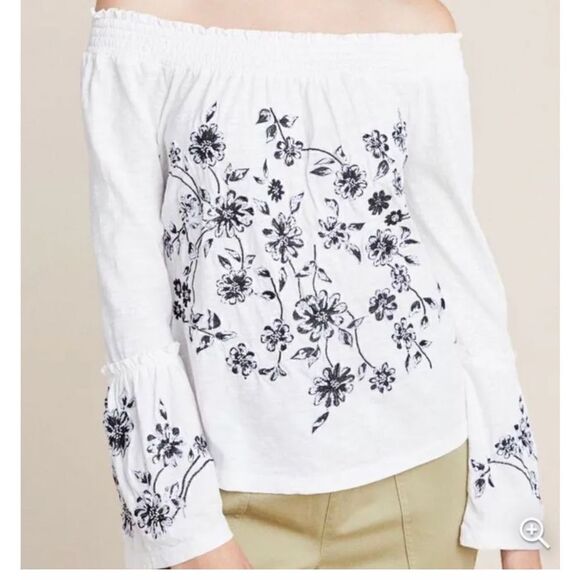ANTHROPOLOGIE Annie Off the Shoulder Floral Embroidered Blouse boho - Picture 4 of 11